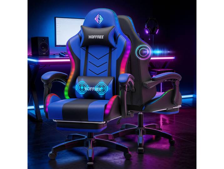 Chaise de jeu 300lbs avec lumières LED RGB à rythme musical et haut-parleurs sans fil, chaise de jeu ergonomique avec massage et repose-pieds