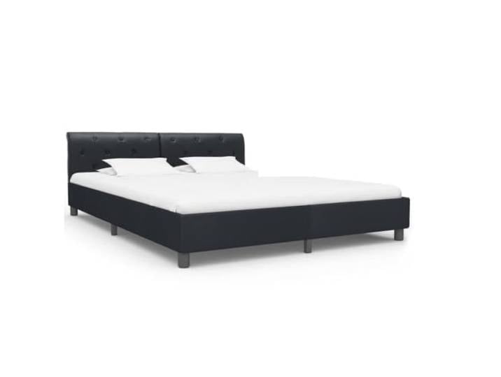 Kunstleder gepolstert stabil Holz MDF elegant Schlafzimmer klassisch Bettgestell Schwarz Kunstleder 180x200 cm Bettrahmen mit Kopfteil Holz Metallbeine Polsterbett Ohne Matratze