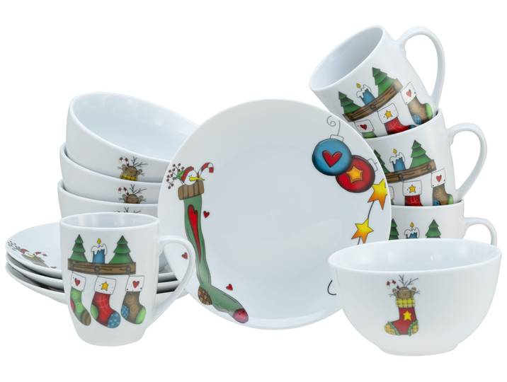 Frühstücks-Geschirrset CREATABLE Luna Socken, Frühstücksset 12-tlg , weiß, 12 Stk., Porzellan, Geschirr-Sets, Frühstücks-Geschirrset, Winterlicher Dekor mit lustigen Sockenmotiven