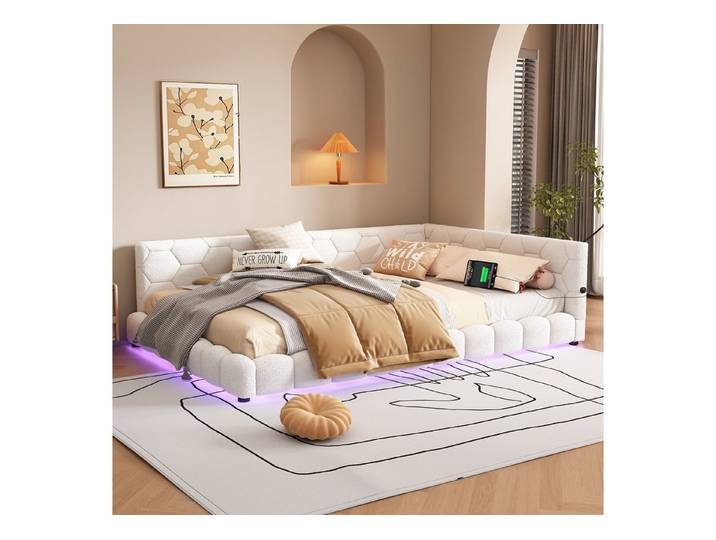 Merax Polsterbett, LED und USB, Tagesbett Teddy-Plüsch Schlafsofa Doppelbett 140x200cm