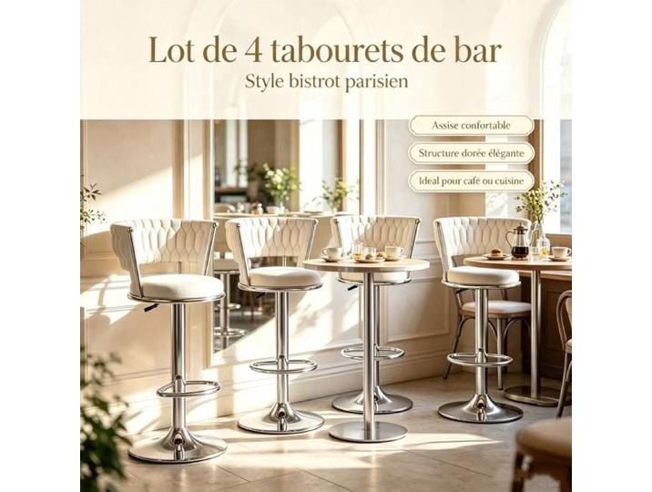 PIPIPOXER Lot de 4 Tabourets de Bar Velours Tressé Réglables Pivotant 360° Argentée Ensemble Chaises Cuisine Ouverte Maison