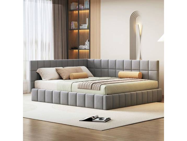 Lit Banquette Double 160×200 cm avec Dossier Réversible et Accoudoir Sans Matelas Velours Gris - UVRION