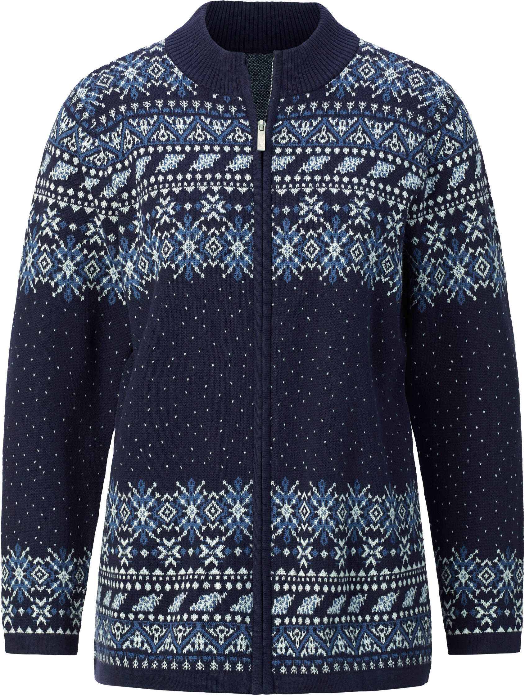 Sieh An! Strickjacke SIEH AN "Jacquard-Strickjacke Jacquardstrickjacke im Norweger-Stil", Damen, Gr. 44, blau (marine, ecru, gemustert), Modisch, Strickjacken Strickjacke