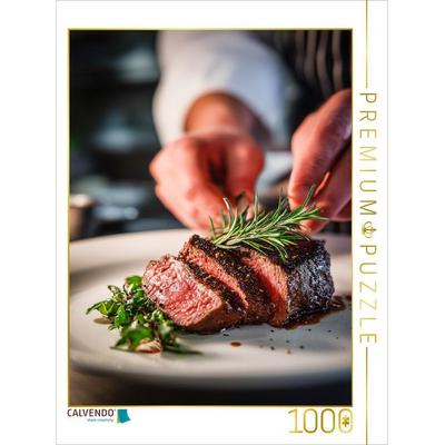 CALVENDO Puzzle Zartes Steak wird kunstvoll mit frischen Kräutern angerichtet | 1000 Teile Lege-Größe 64x48cm Foto-Puzzle für glückliche Stunden