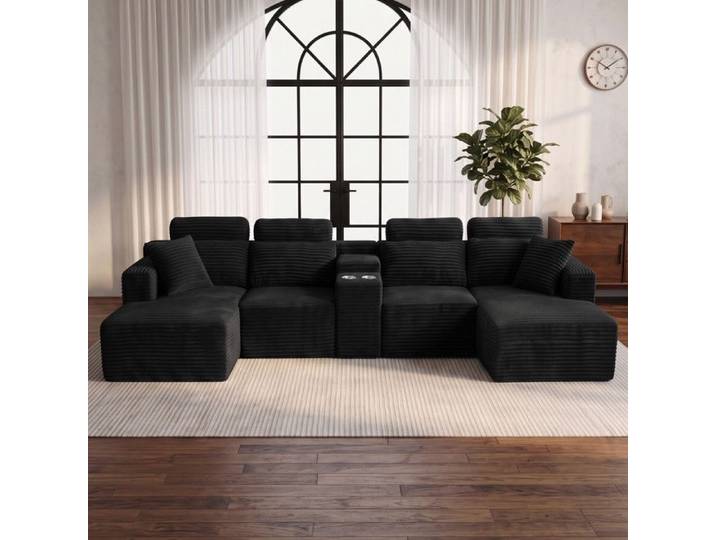 Canapé Panoramique en U - 373x150x81cm - Canapé Modulaire Velours Côtelé avec Porte-Gobelets Assise Profonde - Noir