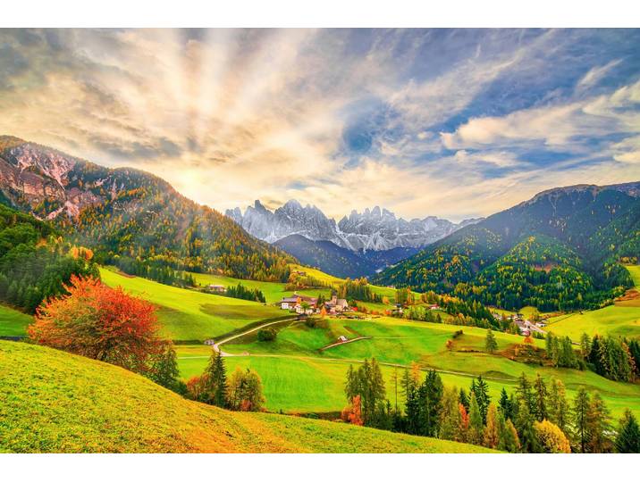 Fototapete PAPERMOON SANTA MADDALENA-BERG DORF DOLOMITEN WIESE BLUMEN ALPEN , bunt, B:2m L:1,49m, Vlies, Tapeten, Fototapete