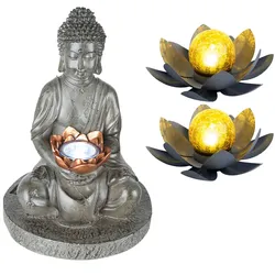 3er Set LED Solar Steh Leuchten Feng Shui Buddha Garten Deko Lampen Lotosblumen Crackle Glas