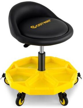Costway 20 Inch-25 Inch Height Adjustable Rolling Garage Stool with Tool Tray Storage-Yellow