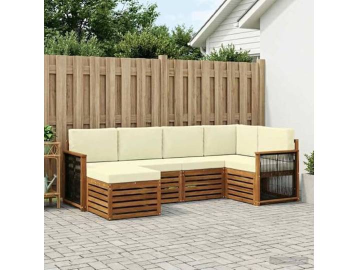 RJPLMFV Ecksofa-Set, 5-teilig, Akazie, natur, cremefarben Modular, wetterfest, lackierte Oberfläche, bequem, pflegeleicht