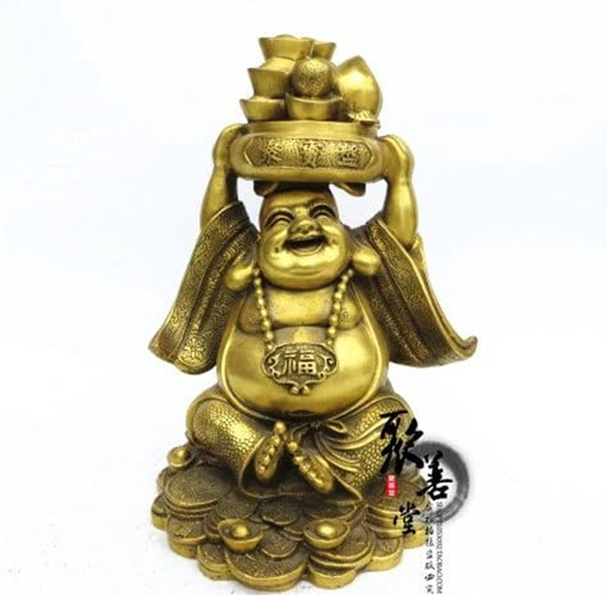 Handgemaakt Koperen Lachende Boeddha Decoratief Object - Geel - Hoogte: 24 cm