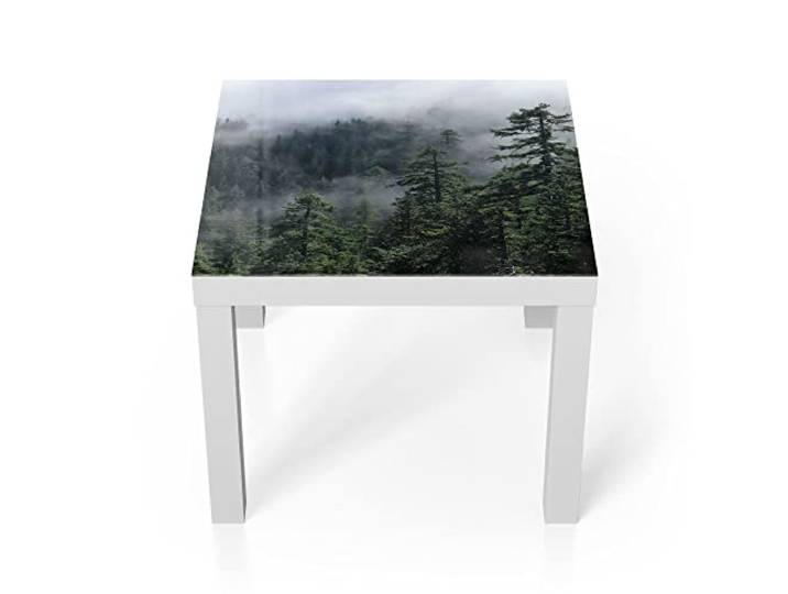 DEQORI Glastisch weiß klein 55x55 cm Motiv Tannenspitzen im Nebel ausgefallener Beistelltisch aus Glas Hochglanz Couchtisch fürs Wohnzimmer moderner Couch Tisch mit Design