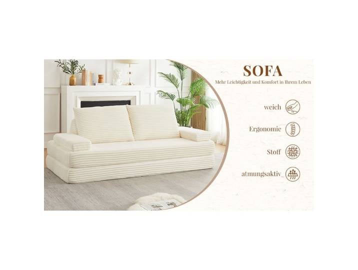 Modenuit Canapé lit modulable 2 places 211 cm velours côtelé beige accoudoirs amovibles