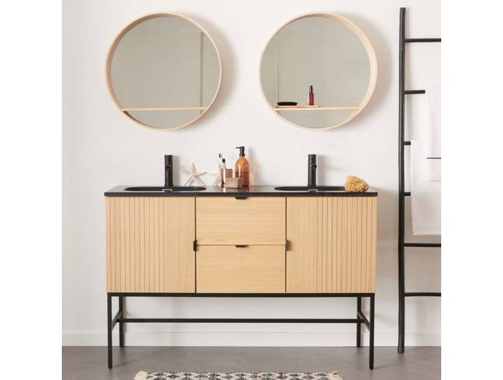 Meuble double vasque 140cm chêne STUDIO sur pieds + miroir rond