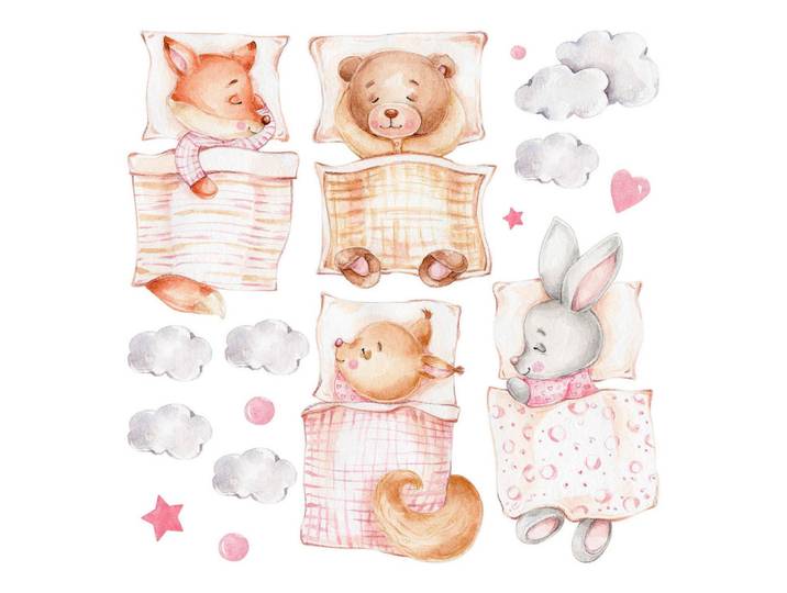 Wallfluent Wandaufkleber 100x135cm - Schlafende Tiere, Mehrfarbig, Kunststoff, Rechteckig, 100x135x0.1 cm, Tapeten & Wandverkleidungen, Wandtattoos & Sticker, Wandtattoos