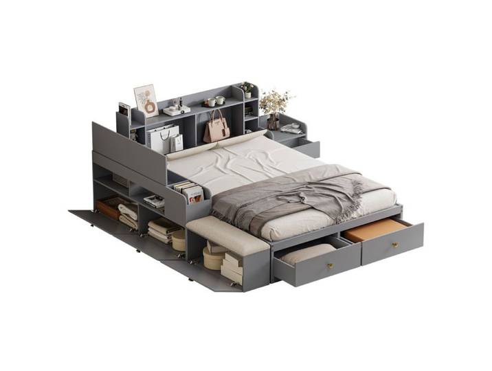 lit double combine 140 x 200 cm SENVIRO gris avec tete de lit a rangement 2 tiroirs banquette et chevet