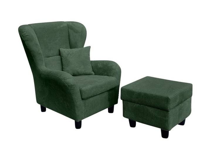 Ohrensessel mit Hocker Landhausstil Polster-TV-Lesesessel Cordstoff Grün / 18018