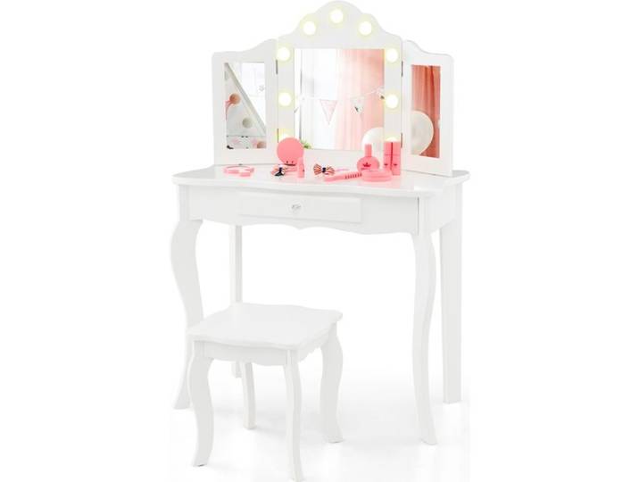 Coiffeuse Enfant - DREAMADE - 9 Lumières LED - Eclairage à 3 Couleurs - Miroir Tripliant Pliant - Charge 30KG - 3+ Ans - Blanc
