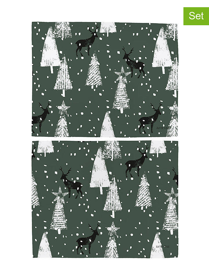 Butter Kings 2er-Set: Tischsets "Deer in the forest" in Grün/ Schwarz - (L)35 x (B)45 cm - onesize