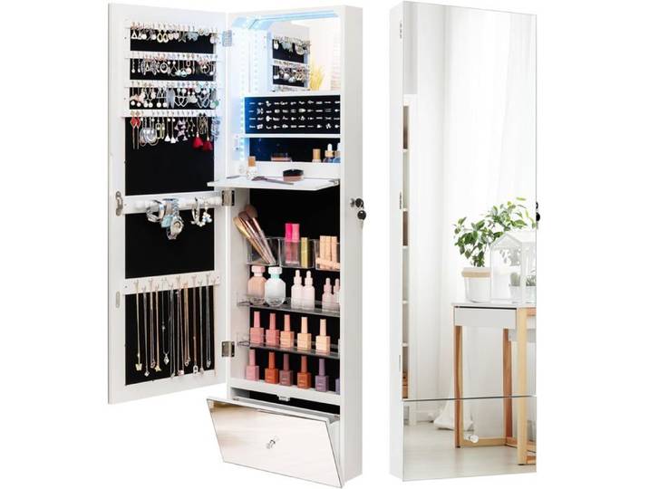 RELAX4LIFE Armoire à Bijoux Mural avec Lumières LED et Serrure Organisateur pour Bijoux et Accessoires Blanc