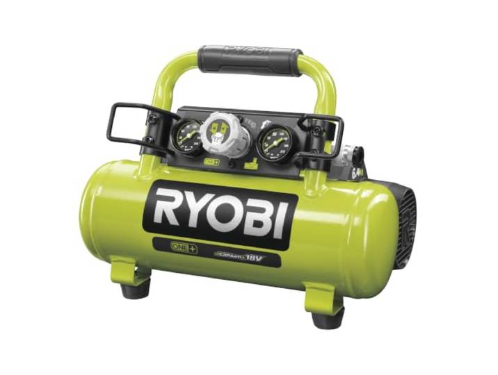 RYOBI Compresseur d'Air 18V ONE+ 8\,3 Bars Cuve 3\,8L R18AC-0 (Sans batterie) Raccord rapide universel\, gonflage pneus voiture et vélo\, soufflette\, cloueur pneumatique de finition\, poignée de portage