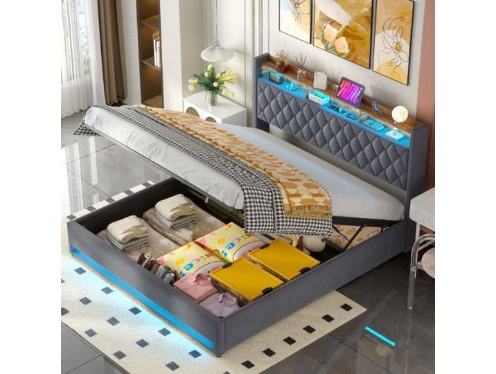 Lit rembourré gris 180x200 cm avec sommier design simple