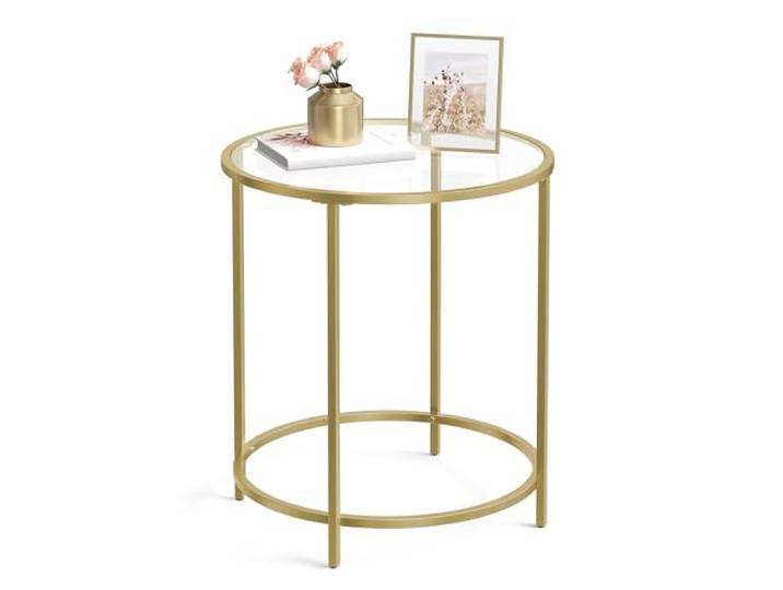 VASAGLE Table d'Appoint Ronde\, Dessus en Verre Trempé\, Cadre en Métal Bout de Canapé\, Table Console\, Table de Chevet\, pour Salon\, Balcon\, Doré et Transparent\, Collection BARIS LGT20G
