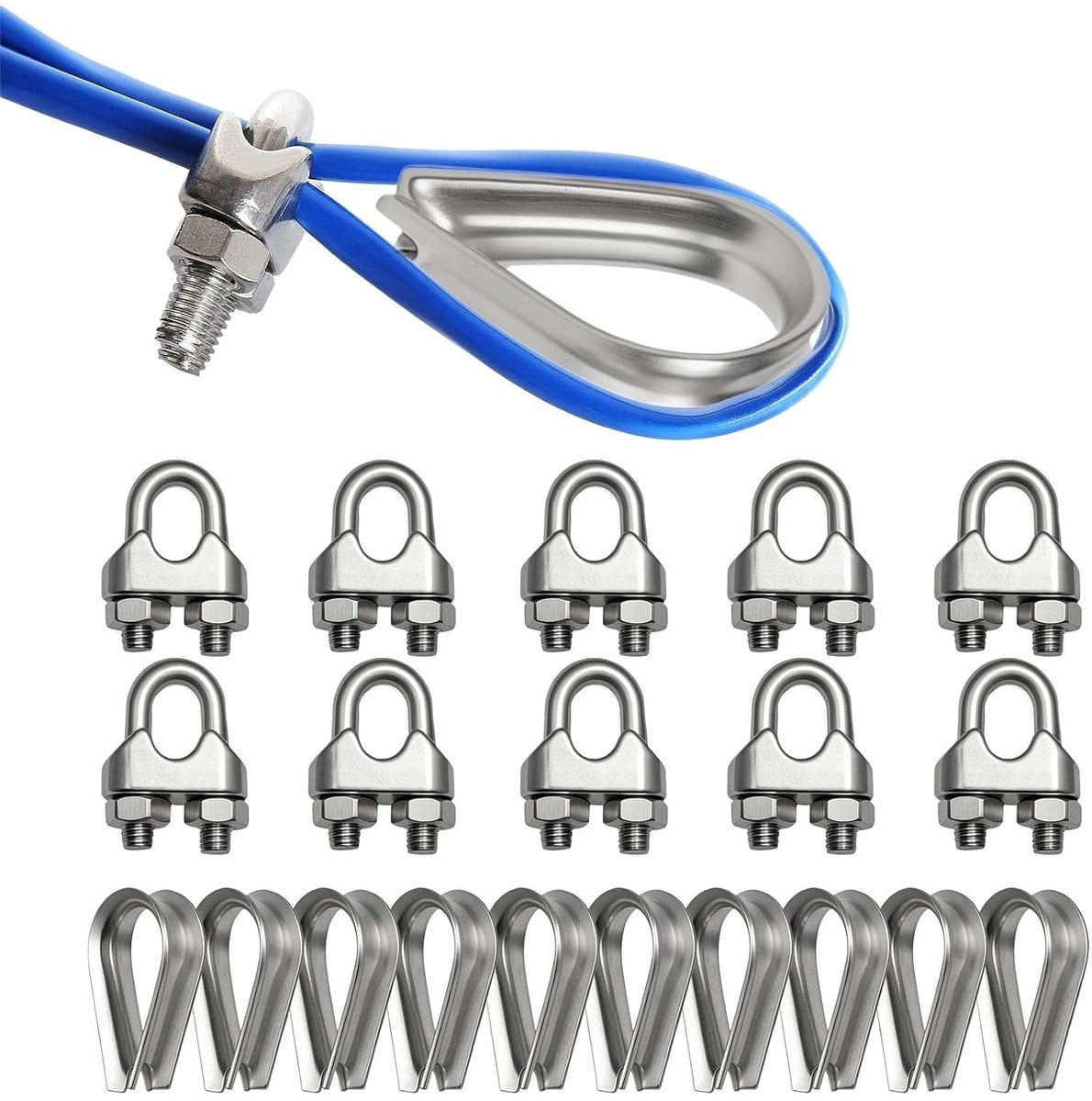Set van 20 kabelklemmen van staal: 10 stuks M6 en 10 stuks M6 draadkabelklemmen