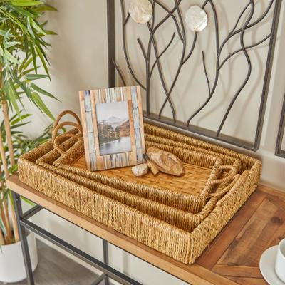 Studio 350 "Brown Bamboo Wood Woven Living Room Decor Tray with Handles (Set of 3) - 22"", 20"", 19""W"