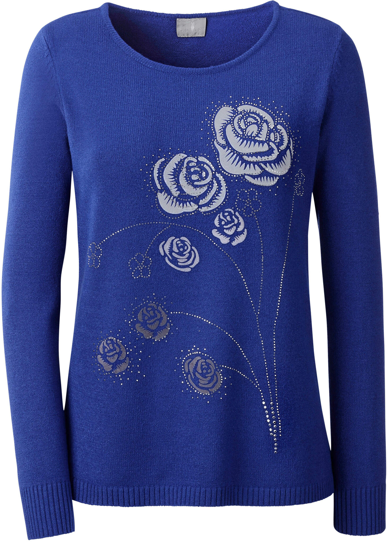 Longpullover WITT "Pullover Rundhalspullover mit Flockprint", Damen, Gr. 40, blau (royalblau), Elegant, Rundhals, Pullover Longpullover
