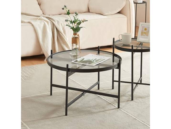 [en.casa] Couchtisch Lier Wohnzimmertisch Glastisch Sofatisch rund Glasplatte Kaffeetisch 61 x 39,5 cm Metallgestell Schwarz