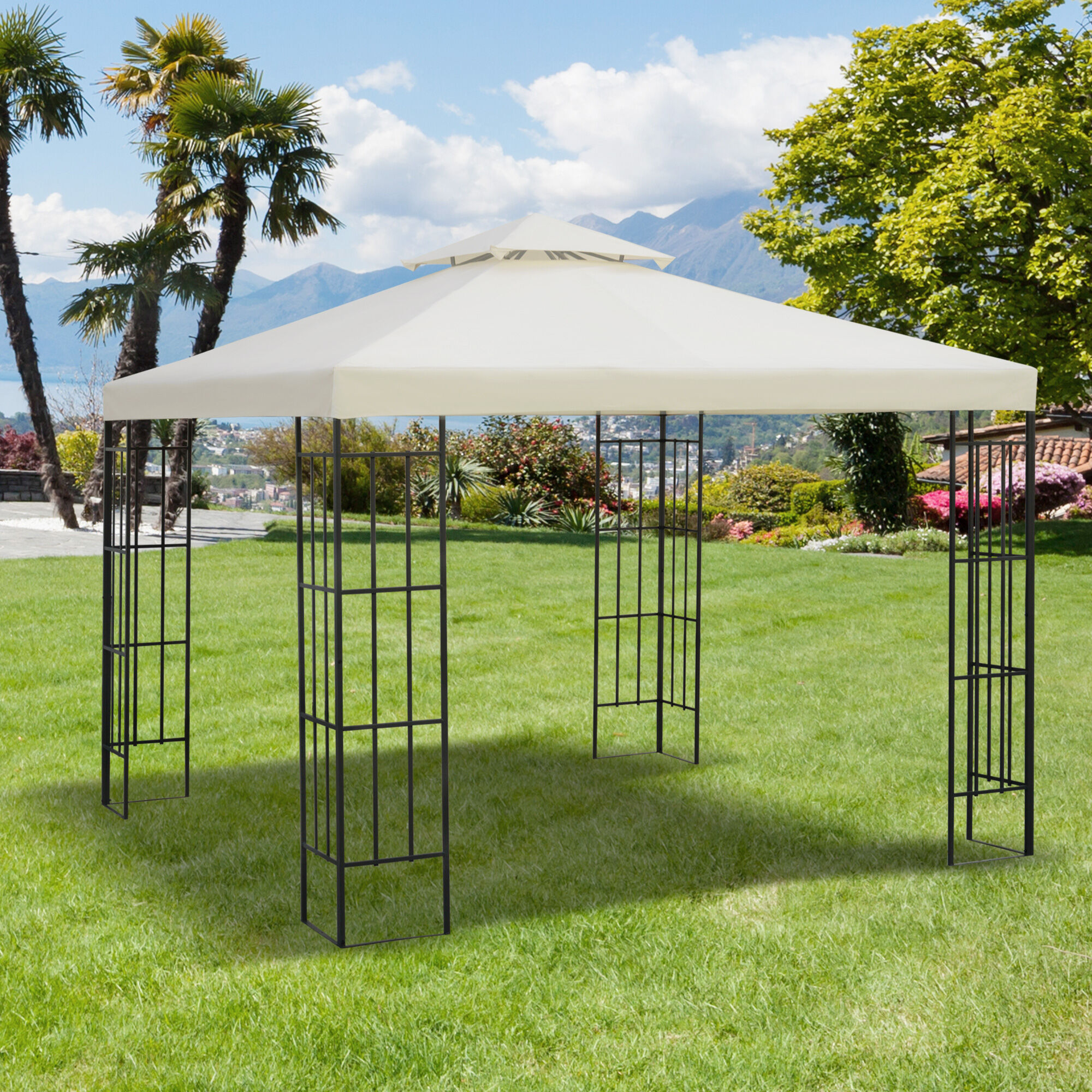 Altro Telo Gazebo 3x3 M A 2 Livelli In Poliestere Resistente, Copertura Gazebo 3x3 Con 8 Fori Di Drenaggio E Cinghie In Chiusura A Strappo, Crema