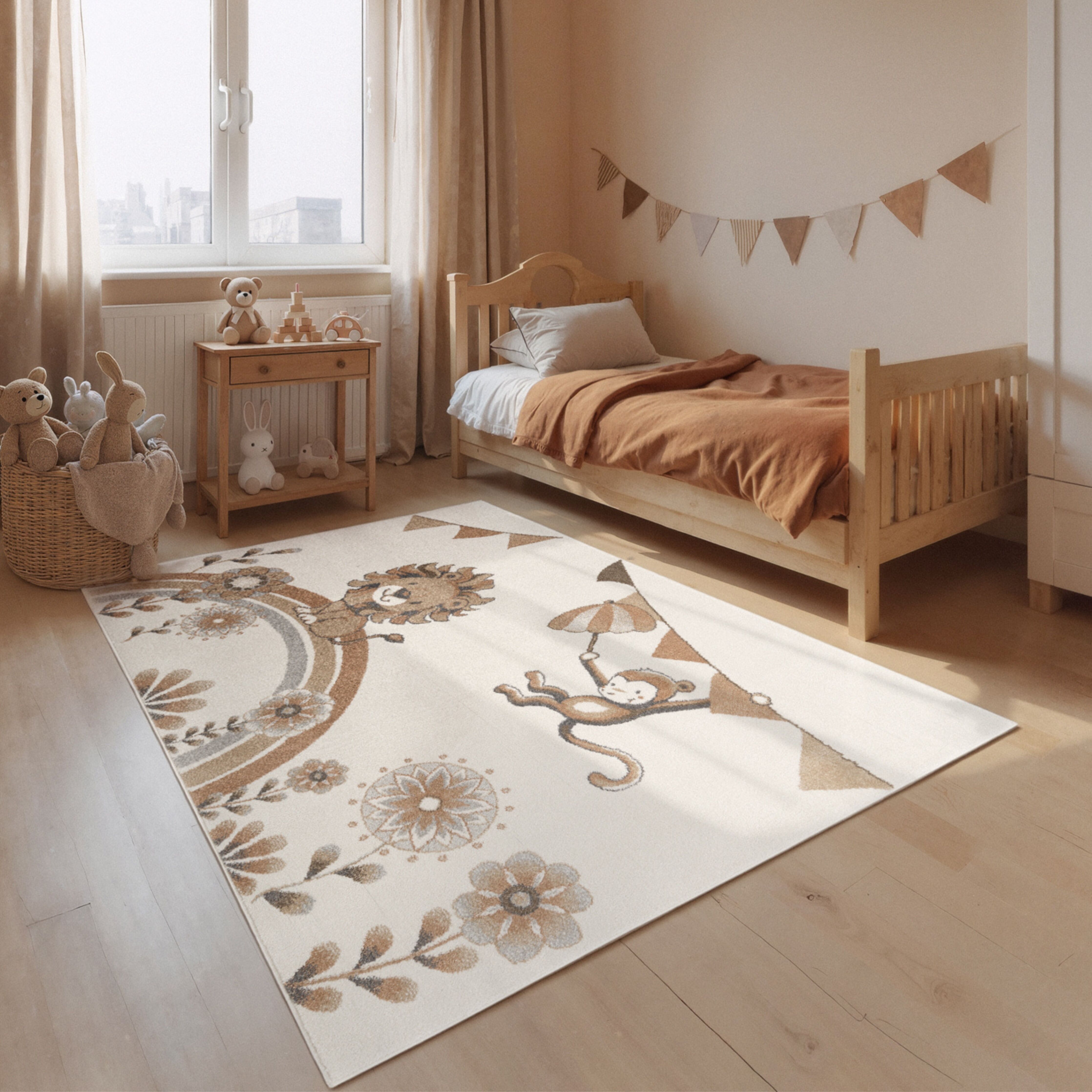 Kinderteppich VILLEROY & BOCH "Roar like a Lion Summer Party Teppich", beige (creme, mulitfarben), B:120cm H:9mm L:170cm, Polypropylen, Teppiche, Kinderteppich, Spielteppich weich, Kinderzimmer, Boho Kids Spielunterlage, Tieremotiv creme, mulitfarben B : 