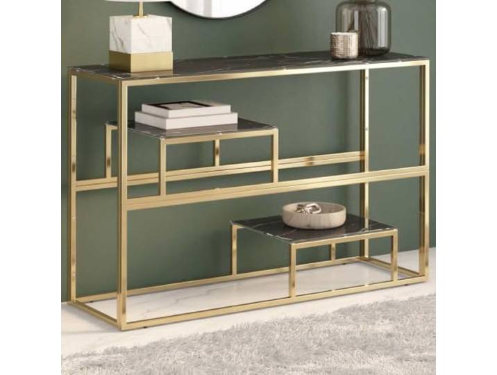 HEFZGDB Konsolentisch Golden Edelstahl und Hartglas mit Marmor-Optik Platte, Robuster Flurtisch Modernes Design Schmutzabweisend Stabiler Beistelltisch