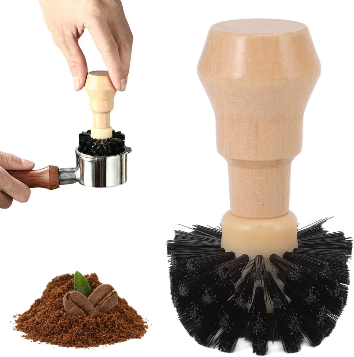 Professionele koffieportafilter reinigingsborstel met houten handvat, 58 mm, bruin