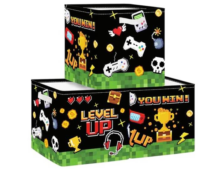 Clastyle Lot de 3 Boite Rangement Tissu Enfant Jeu Vidéo Cube de Rangement Pliable Garçons Panier Kallax pour Salle de Bain\,Art Pixel\,30x30x30 cm