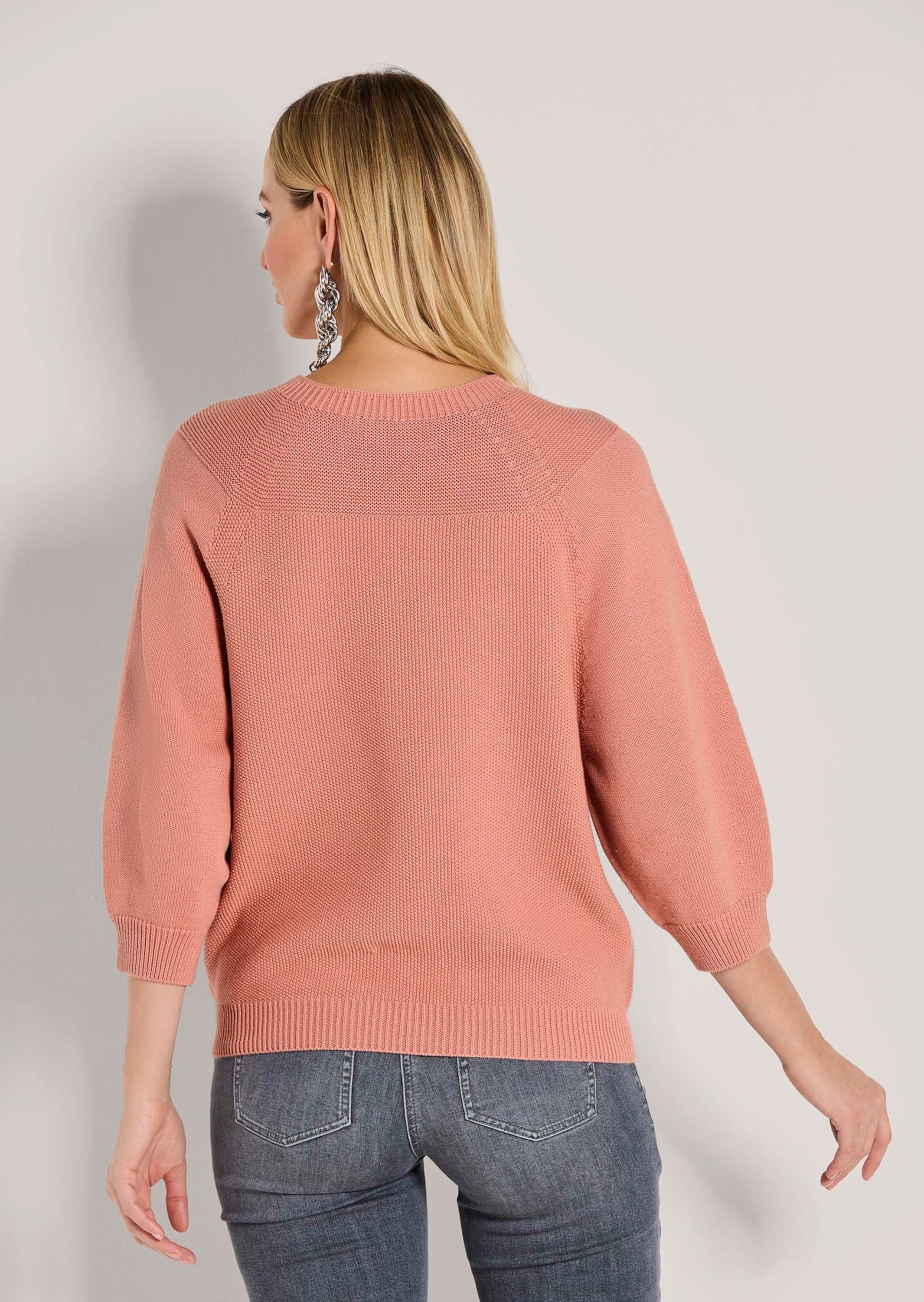 Longpullover MADELEINE "Strickpullover Zeitloser Baumwollpullover mit Perlfang-Muster", Damen, Gr. 34, rosa (blassrosa), Obermaterial: 100% Baumwolle CO., Modern, Pullover Longpullover, weite Ärmel