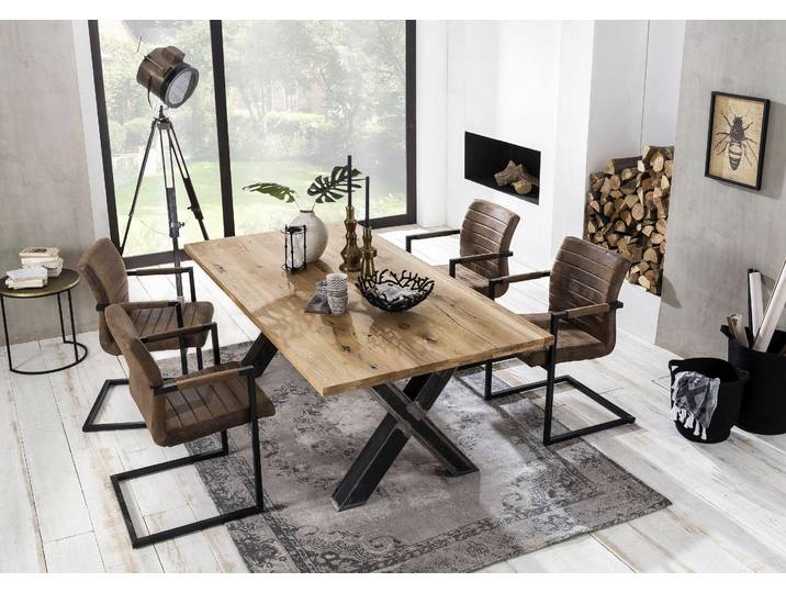 Esstisch SIT Phoenix Wildeiche Massivholz mit X-Gestell im Used-Look , beige (natur), B:200cm, Tische, Rechteckiger Esstisch Esstisch Holz-Esstische, Rustikale Wildeiche mit markantem X-Gestell