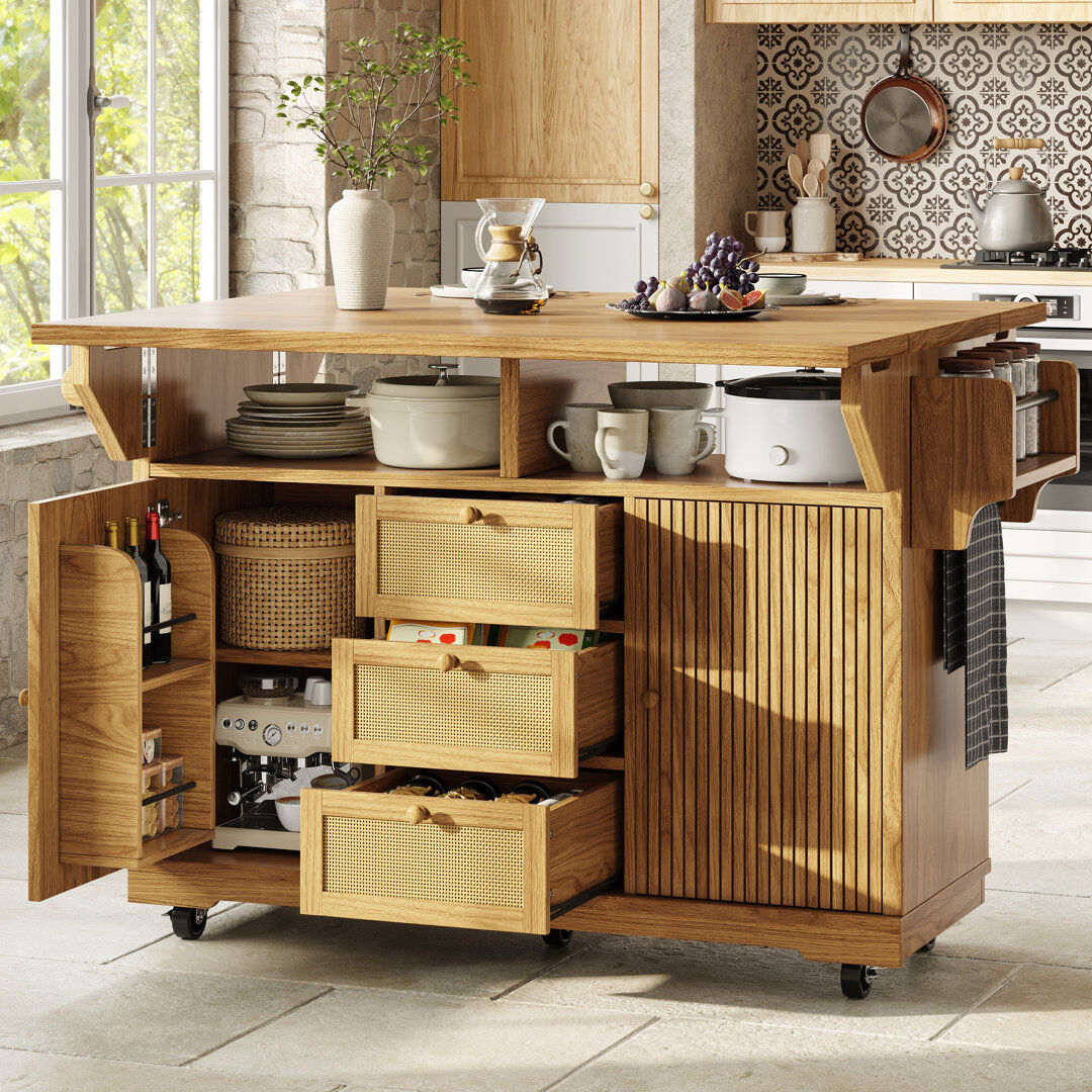 Direct Wicker 95 cm W Kitchen Island with Natural Wood 95cm W X 143cm D