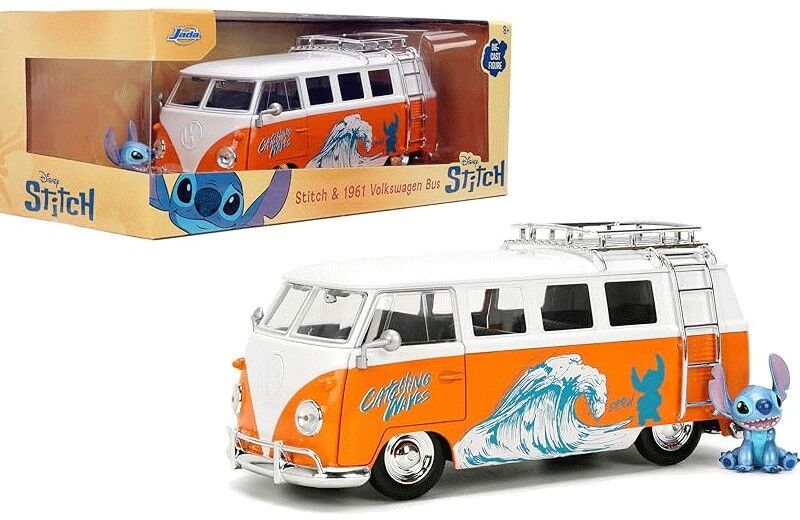 Miniature 1:24 Volkswagen Bus W Stitch figure orange hollywood Rides 1961 - Jada Toys