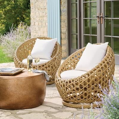 Mason Wicker Swivel Outdoor Chair, Set Of Two - Natural White - Grandin Road