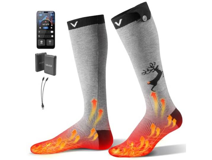 VEVOR Chaussettes Chauffantes Femme Homme à Batterie Rechargeables Électrique 6000 mAh\, 4 Niveaux de Chauffage\, Contrôle par App\, pour Sports d'hiver\, Ski\, Pêche sur Glace\, Randonnée\, Taille Unique