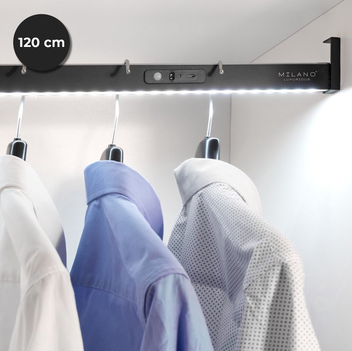Milano Luxurious kledingstang met LED-verlichting en bewegingssensor - zwart - 120 cm