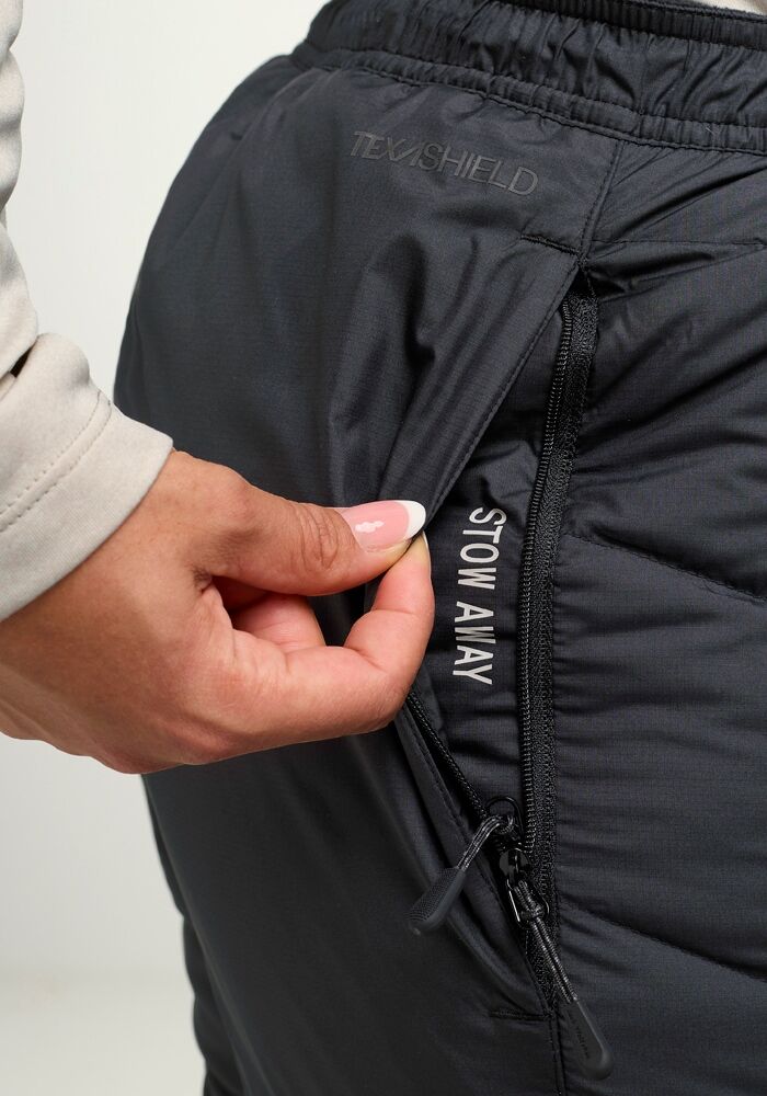 Outdoorhose JACK WOLFSKIN "ATMOSPHERE PANTS W RDS", Damen, Gr. XS, Normalgrössen, schwarz, Obermaterial: 100% Polyester. Füllung: 90% Entendaune, 10% sonstige Fasern, Hosen Outdoorhose schwarz XS, Normalgrössen
