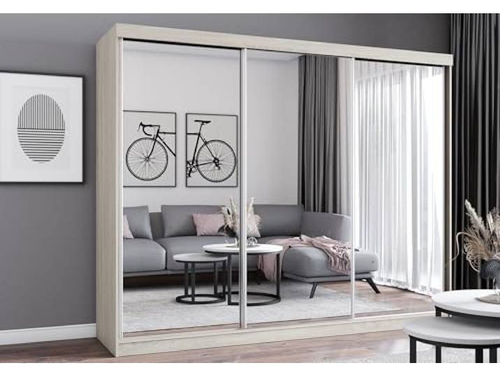 Easy4You MN Sonoma Schiebetürenschrank Kleiderschrank 250x215x62 cm mit Spiegel - Schlafzimmermöbel, Aufbewahrung – Mehrzweckschrank mit 3 Kleiderstangen und 3 Schubladen