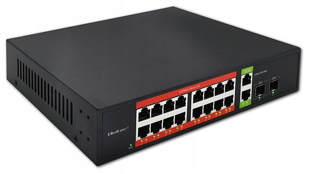 Qoltec Gigabit Ethernet PoE Netwerkswitch met 16x RJ45, 2x RJ45 Uplink en 2x SFP