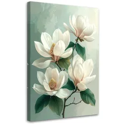 BILD auf Leinwand, Weiße Magnolien mit grünen Blättern auf mintfarbenem Hintergrund