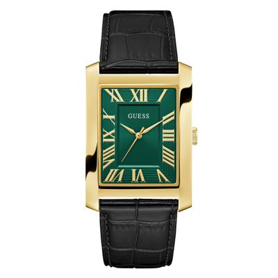Quarzuhr GUESS "GUESS-CLYDE", schwarz (schwarz, grün), Armbanduhren, Herren, goldfarben, Quarzuhr, Armbanduhr, Herrenuhr, Lederarmband, analog