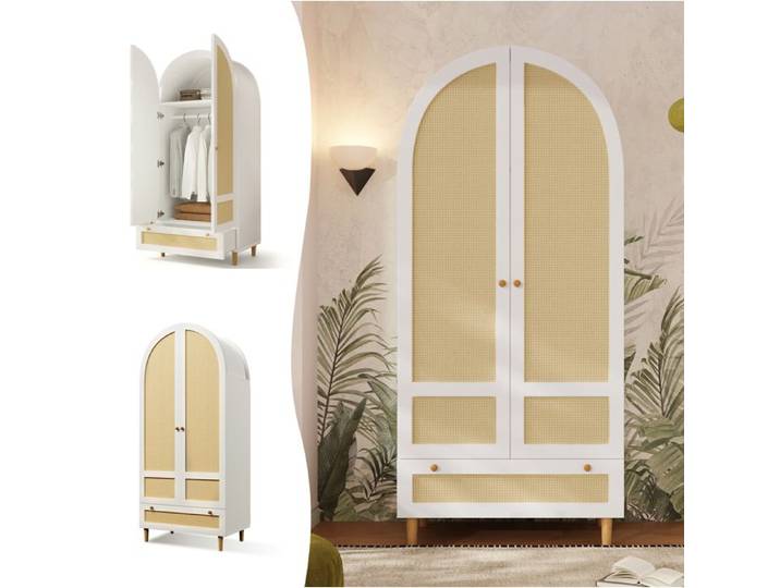 Armoire chambre 80x50x180 cm blanche aspect rotin 1 porte double tiroir et tringle