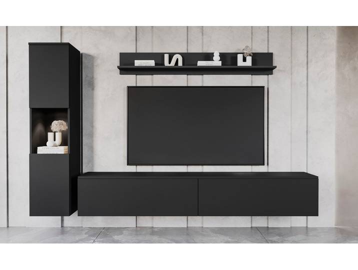 Wohnwand GOODPRODUCT PARIS, Vitrine Türanschlag links/rechts wechselbar , schwarz (graphite schwarz matt), B:220cm H:130cm T:33cm, Kastenmöbel-Sets, Wohnwand, grifflose Design, stehend und hängend montierbar