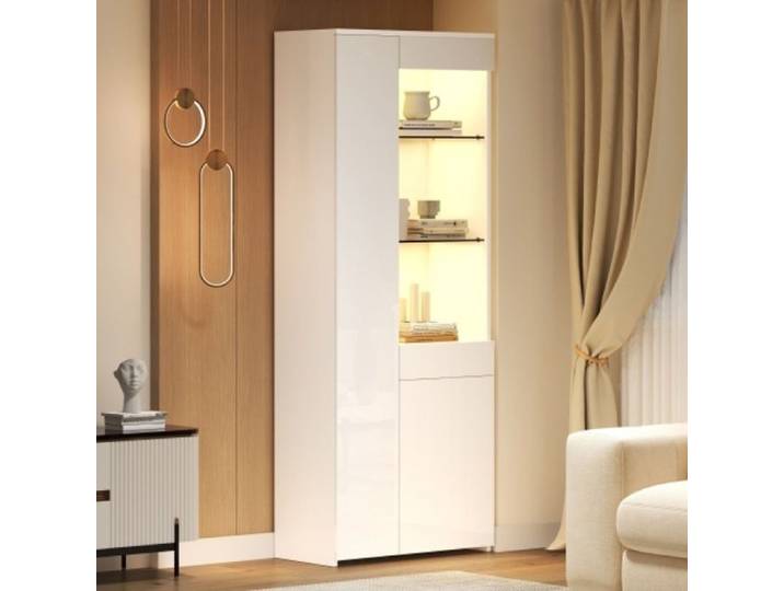 Meuble haut salon 70×35×180cm laquée brillante LED tiroirs meuble haut avec rangement